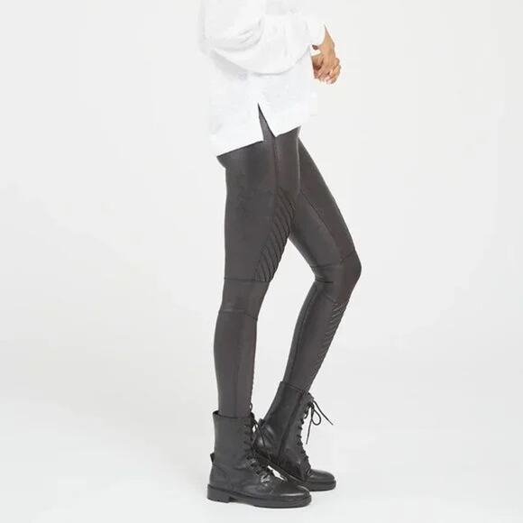Spanx Black Faux Leather Moto Leggings with Sculpting Compression Size Medium - Picture 1 of 8
